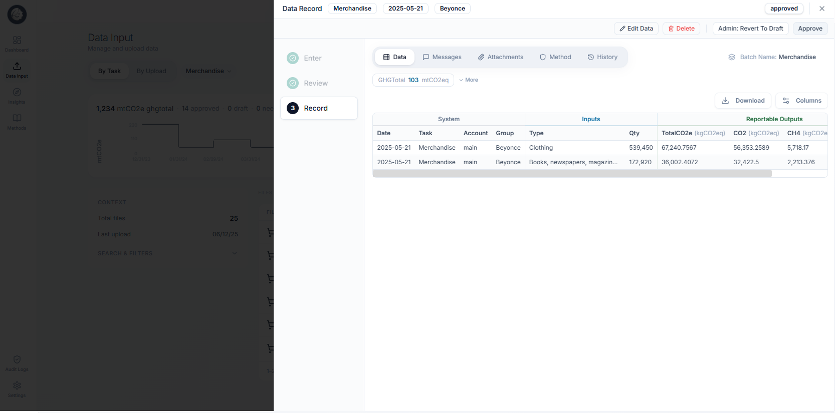 Record configuration view with structured data table