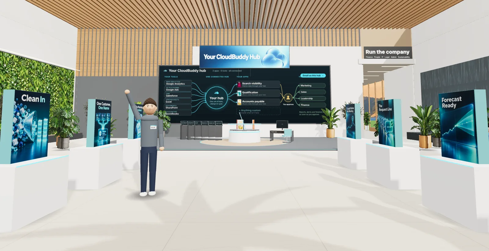 The CloudBuddy 3D campus: a bright commons with app displays and a hub wall connecting tools, apps and teams