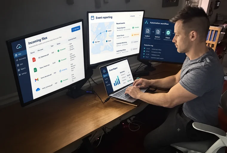 David at his desk, with illustrative reporting and automation interfaces on the screens